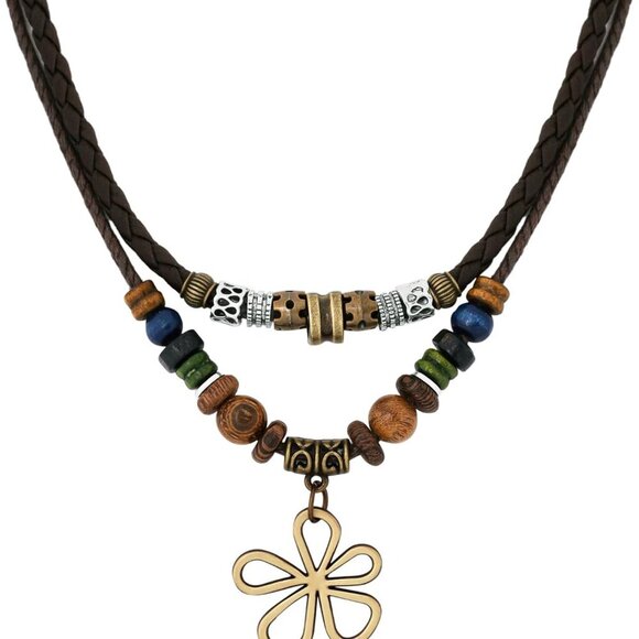 Jewelry - Ethnic Boho Colorful Braided Rope Necklace, Multi-Layered, Wooden Beads, Copper